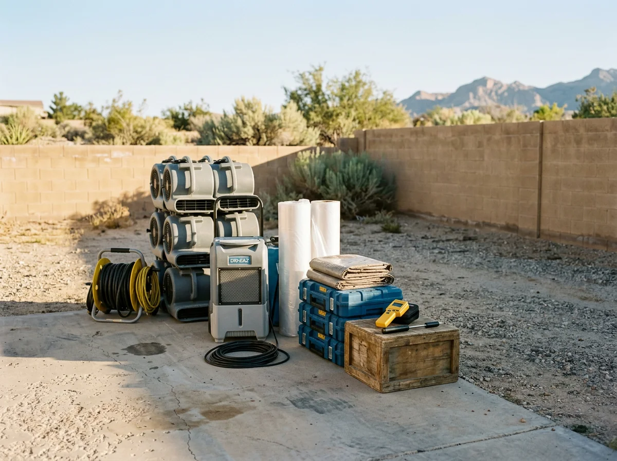 Environmental photo of restoration equipment and work tools organized for a damage response job. No people are shown in the image.