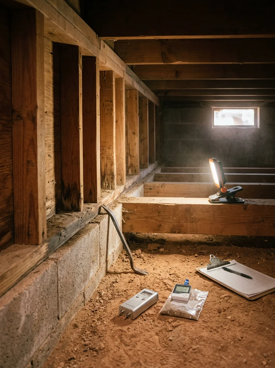 Mold inspection technician checking the crawl space of a mid-century Boulder City ranch home near Hemenway Valley for moisture and mold growth in the original wood floor framing.
