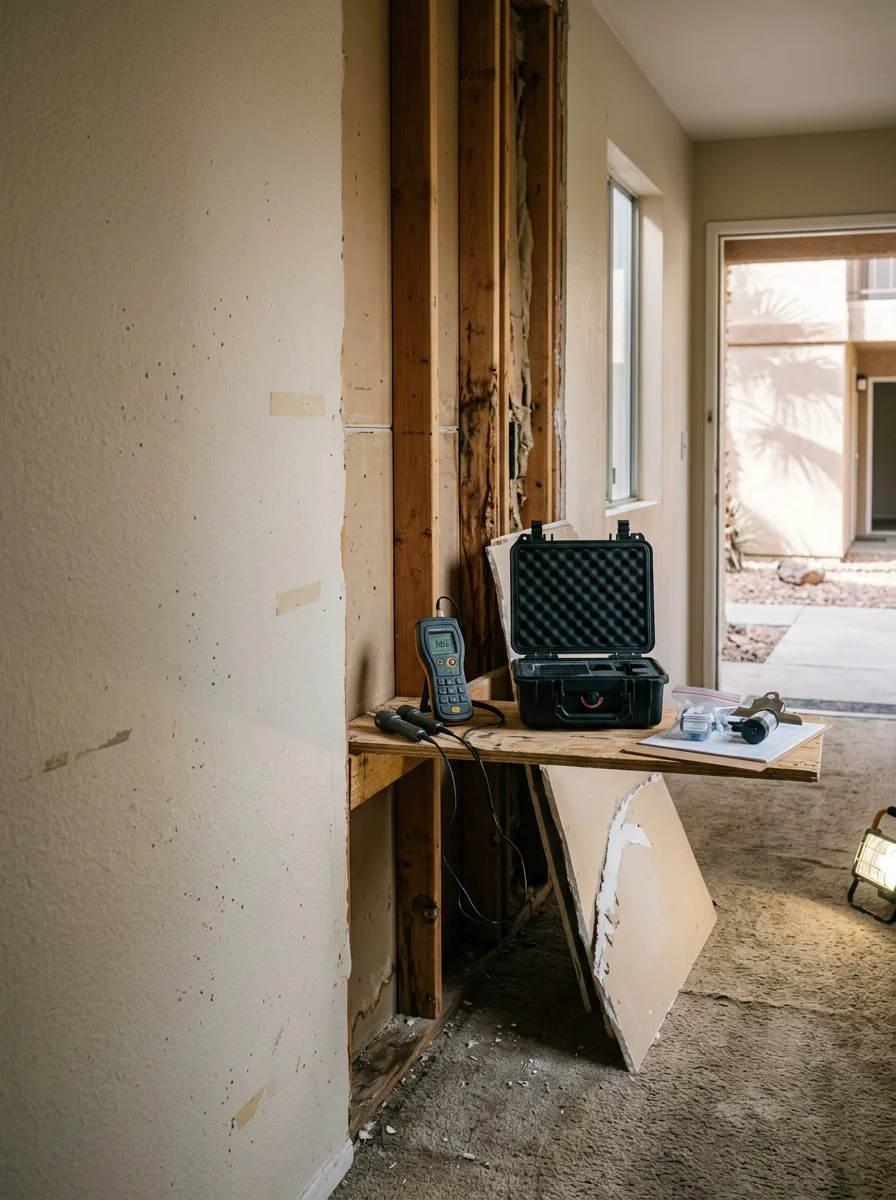 Mold inspection technician checking a wall cavity in a Paradise, Nevada apartment building near the Las Vegas Strip corridor for hidden moisture and mold growth.