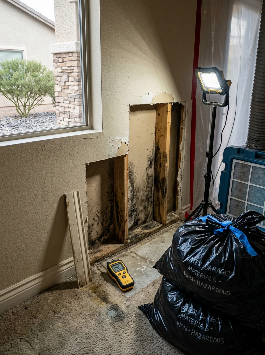 Mold remediation technician removing water-damaged drywall from the base of an interior wall in a Henderson home, exposing mold growth behind the surface.