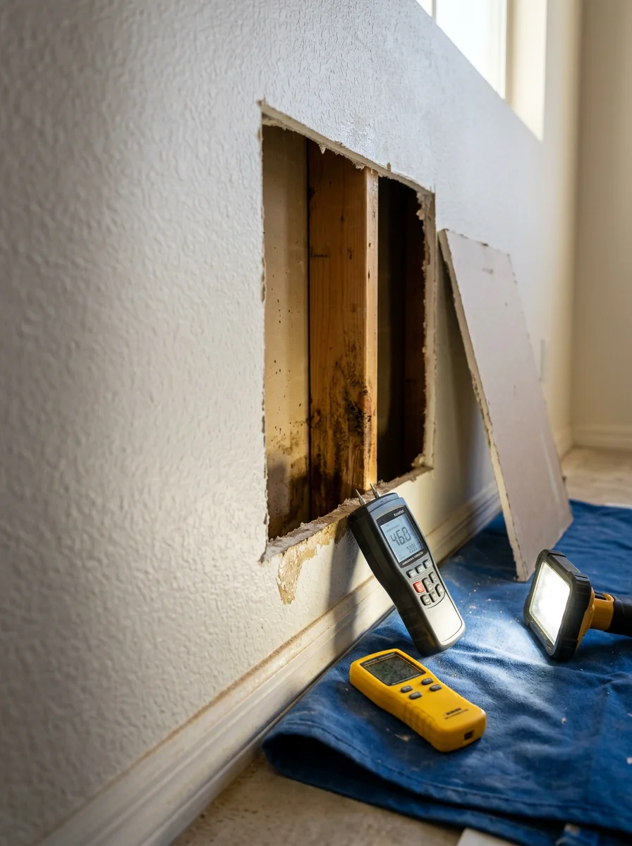 Restoration technician using a moisture meter on a drywall section in a Las Vegas home to locate hidden water damage behind the wall surface.