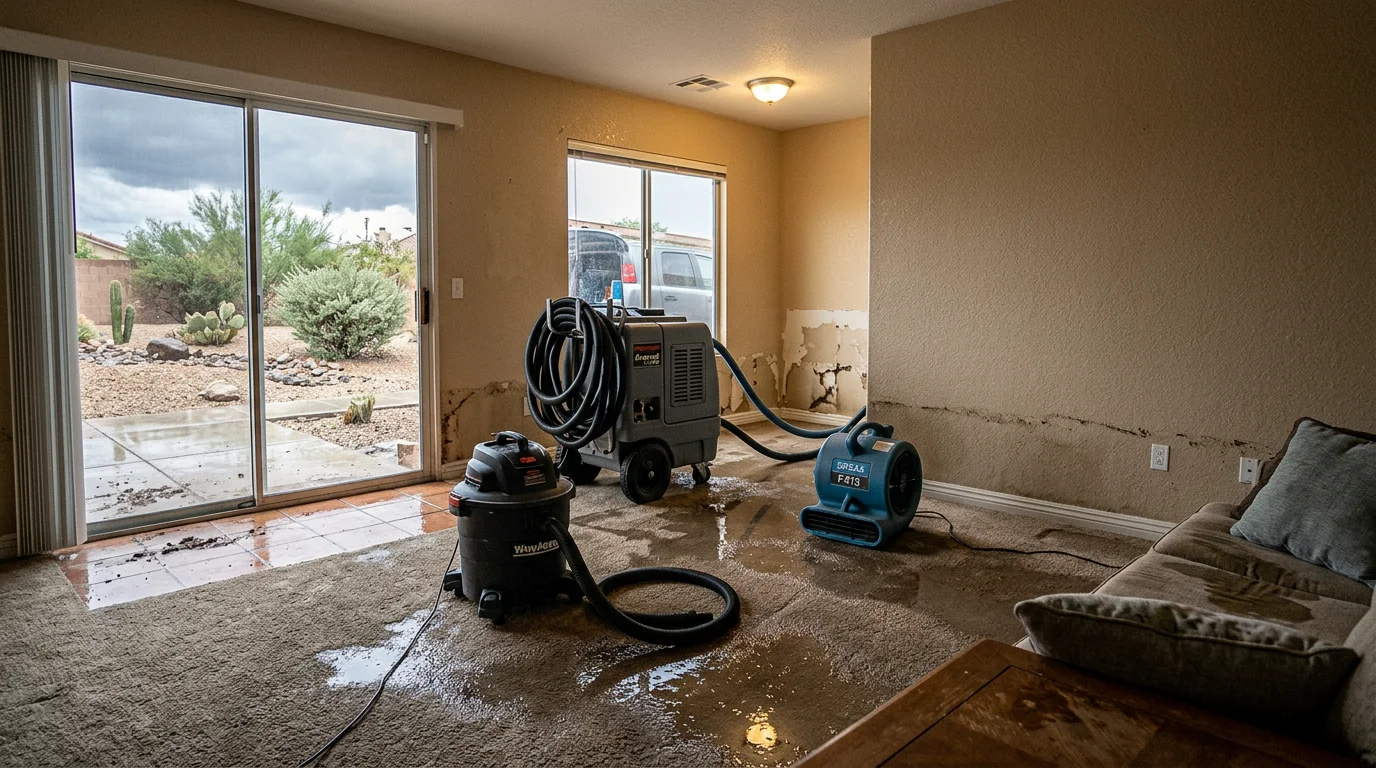 Water extraction equipment removing standing water from a flooded living room in a Las Vegas stucco home after a monsoon storm, with wet drywall and saturated carpet visible.