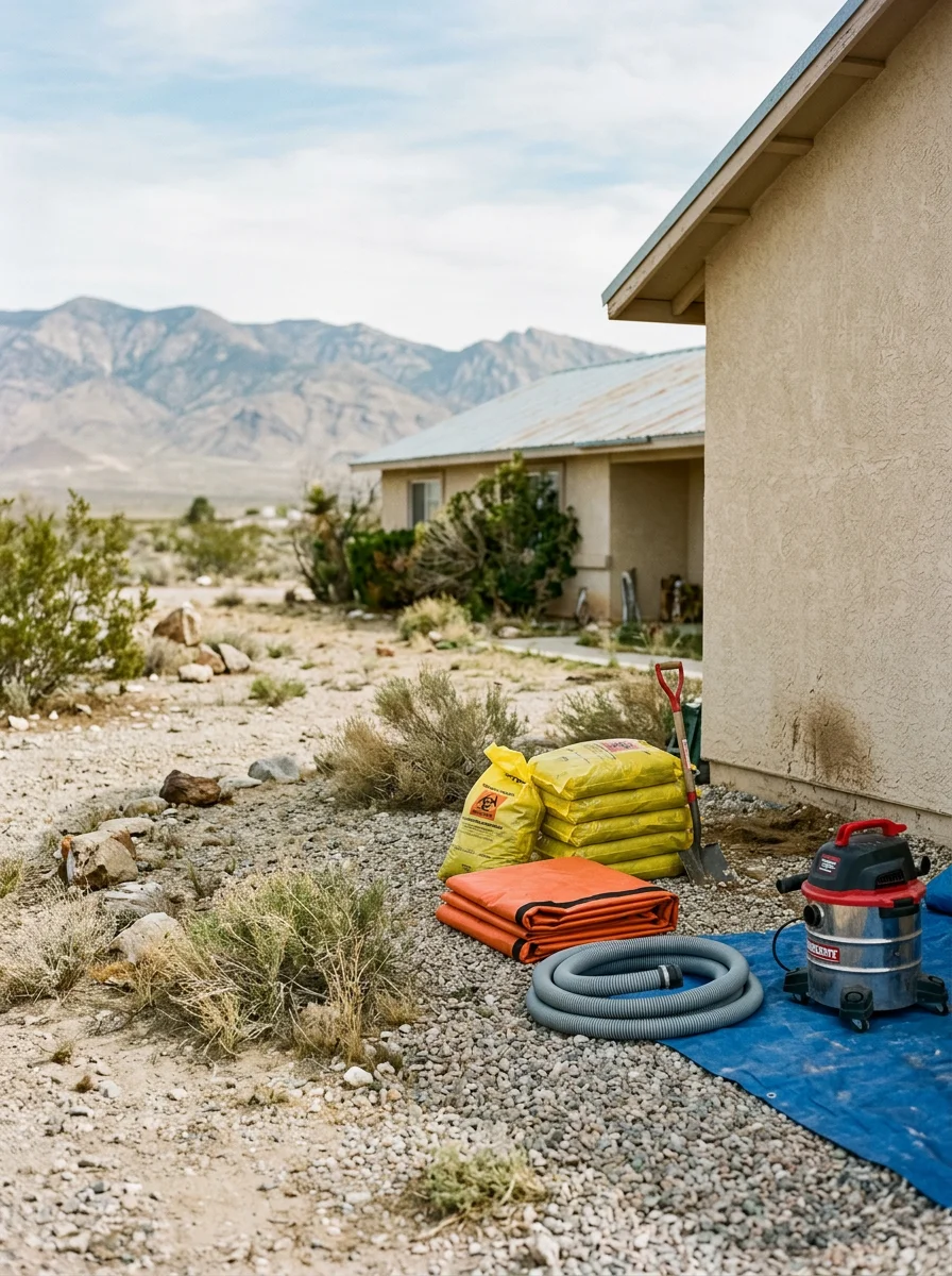 Sewage cleanup crew in protective gear removing contaminated materials from a Pahrump property after a septic system backup, with large desert lot and mountain backdrop visible.