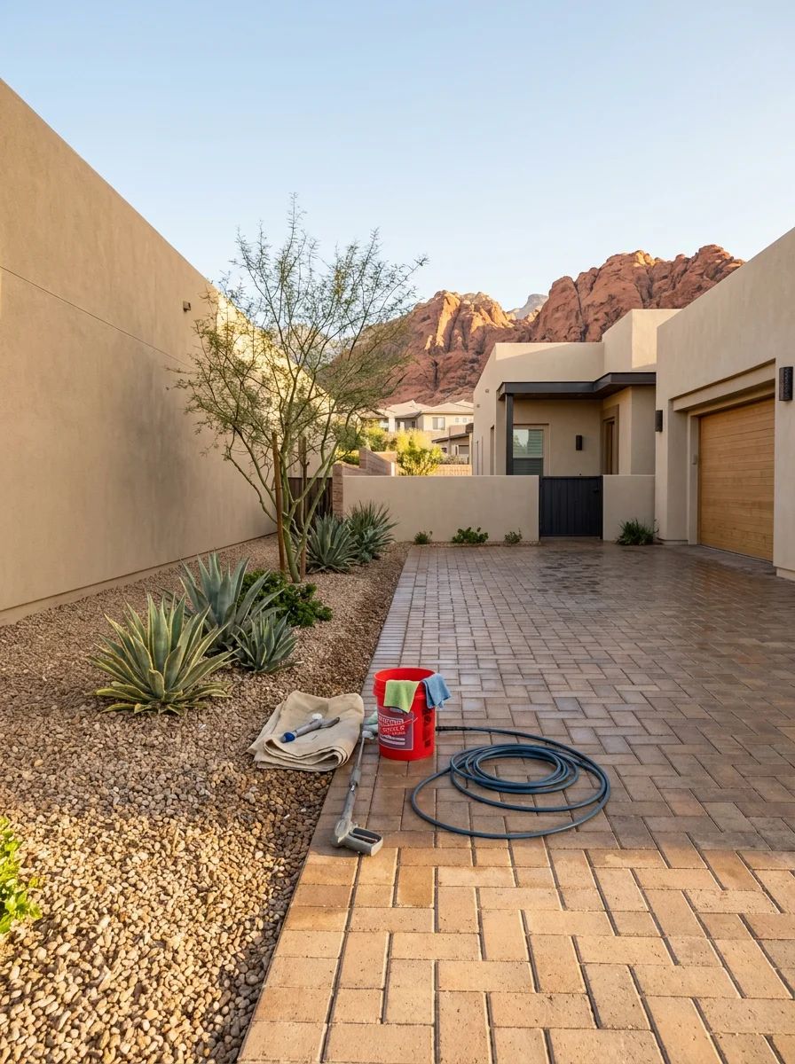 Pressure washing of desert dust and hard water mineral deposits from a Summerlin home's paver driveway and stucco exterior, with Red Rock Canyon visible in the background.