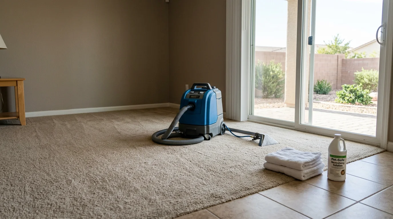 A residential carpet in a Las Vegas home shown before and after professional hot water extraction cleaning, with visible removal of desert dust discoloration and staining from high-traffic areas near the entryway.