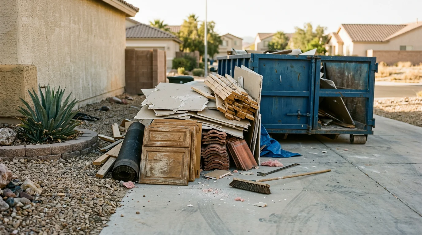 A cleared residential job site in Las Vegas with piles of drywall, lumber scraps, and broken tile loaded for haul-off. Construction debris removal service in the Las Vegas valley.