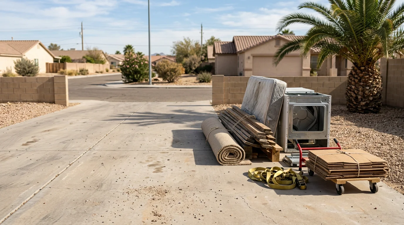 A cleared Las Vegas residential property after a full debris removal job, with an empty driveway and no bulk items or accumulated material remaining. Rest Assured Restoration crew loading mixed debris into a haul truck in Henderson, Nevada.