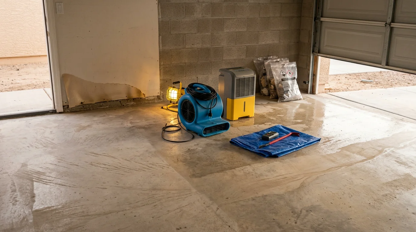 A flood cleanup crew using water extraction equipment on a flooded ground-floor room in a Las Vegas home, with standing water visible on tile flooring and structural drying equipment staged near the entry.