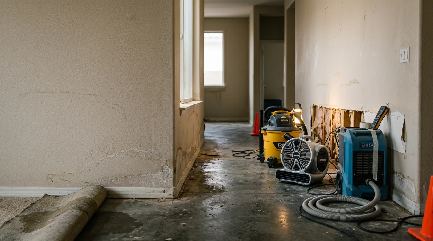A restoration technician using a moisture meter on a water-damaged interior wall inside a Las Vegas home after a monsoon flood event. Commercial dehumidifiers and air movers are visible on the wet floor in the background.