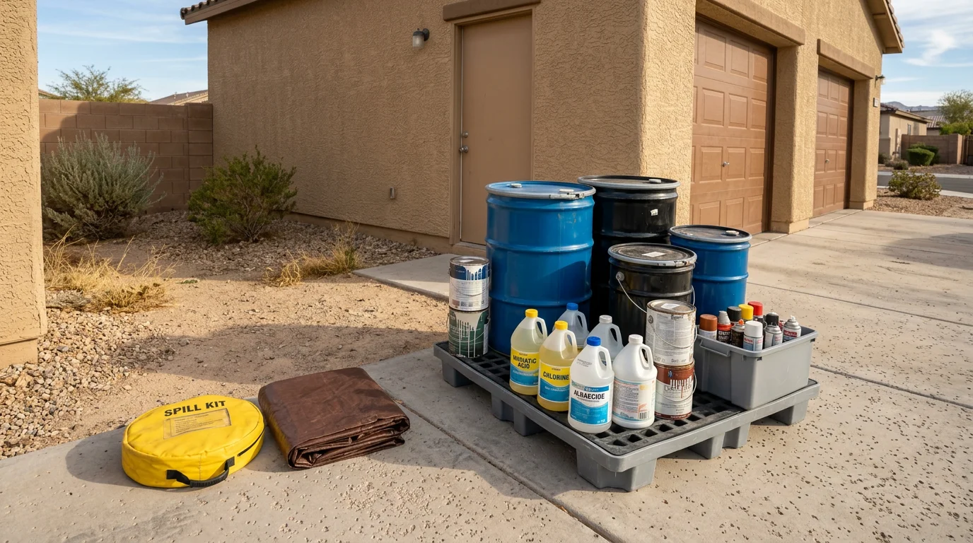 A Rest Assured Restoration crew member carefully removing containers of hazardous household materials from a residential garage in Las Vegas, Nevada. Sorted items including paint cans, pool chemicals, and aerosol cans are staged on the driveway for proper disposal.