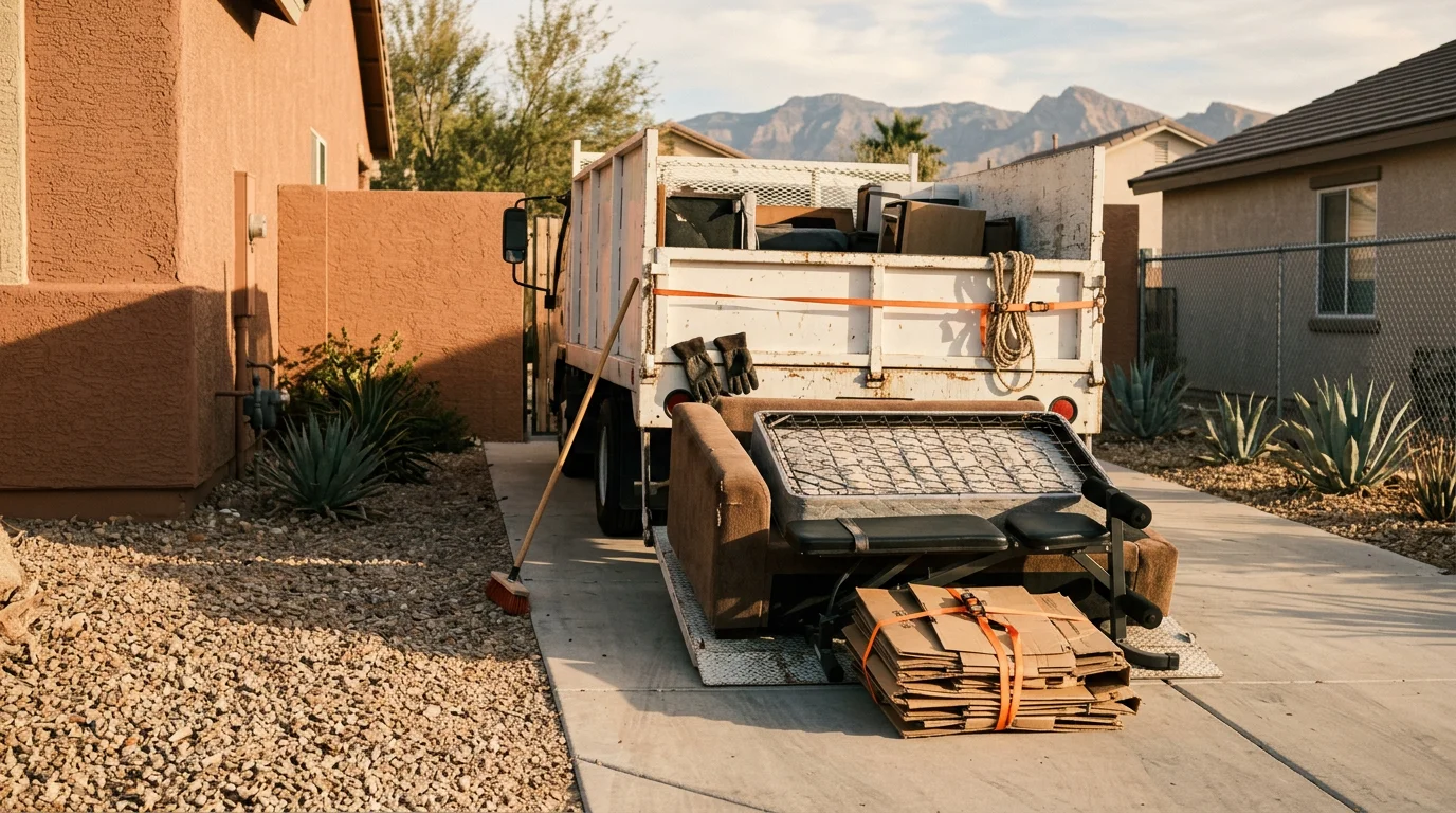 A cleared Las Vegas garage with bulky furniture, old appliances, and household clutter loaded into a junk removal truck. The property exterior shows the open desert-style landscaping common to Clark County homes.