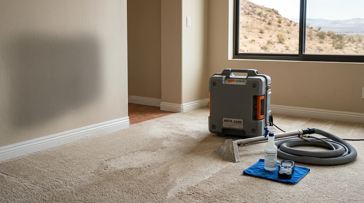 A restoration technician in protective gear cleaning visible mold from a wall surface inside a Las Vegas home, with a HEPA air scrubber running in the background. The room shows typical Clark County residential construction with stucco walls and tile flooring.