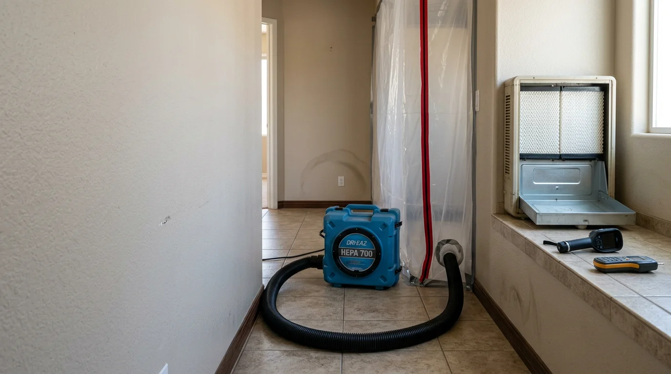 A mold restoration technician in protective gear setting up negative air containment in a Las Vegas home, with visible mold damage on drywall and an air scrubber running in the background. The work area is sealed off from the rest of the interior during the remediation process.