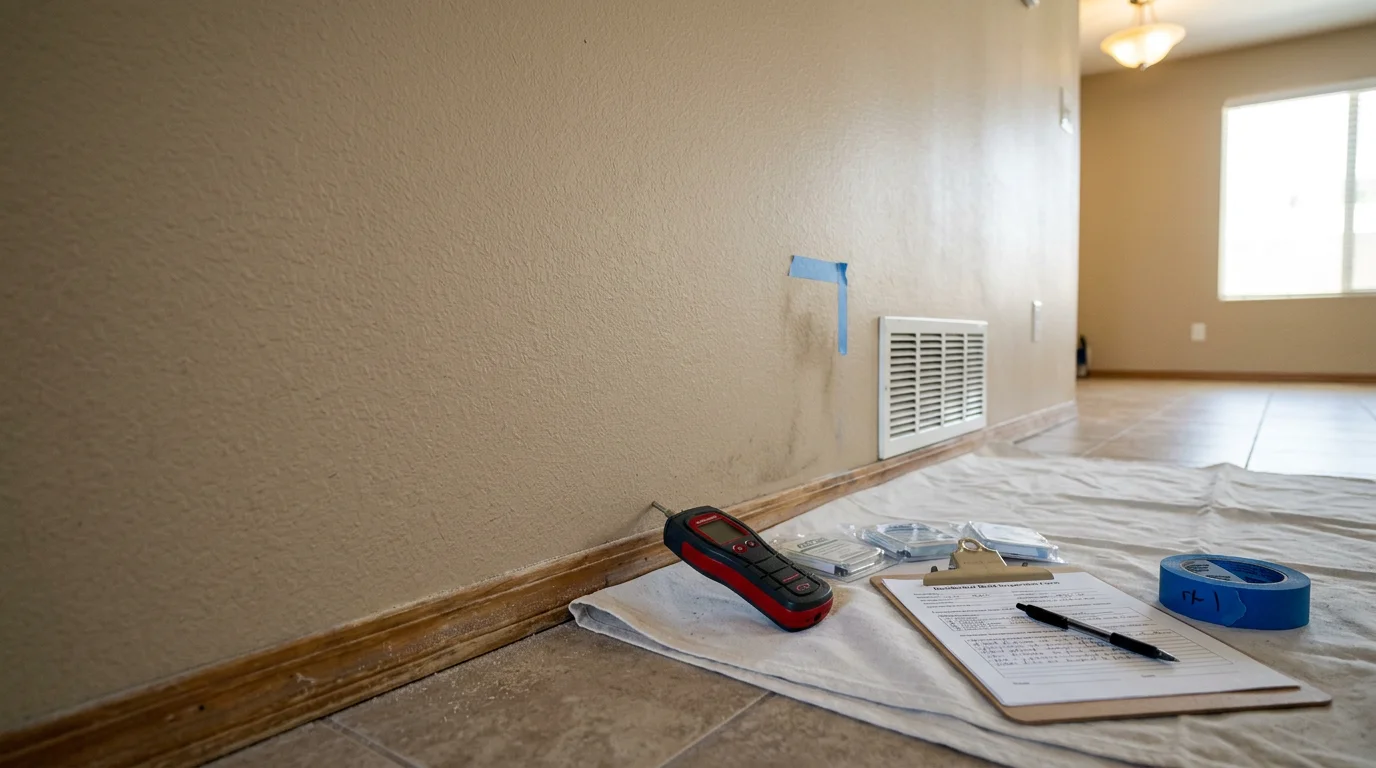 A mold inspector using a moisture meter on a drywall surface inside a Las Vegas home, with visible discoloration near a baseboard indicating a potential moisture problem. The inspection takes place in a residential interior typical of Clark County construction.