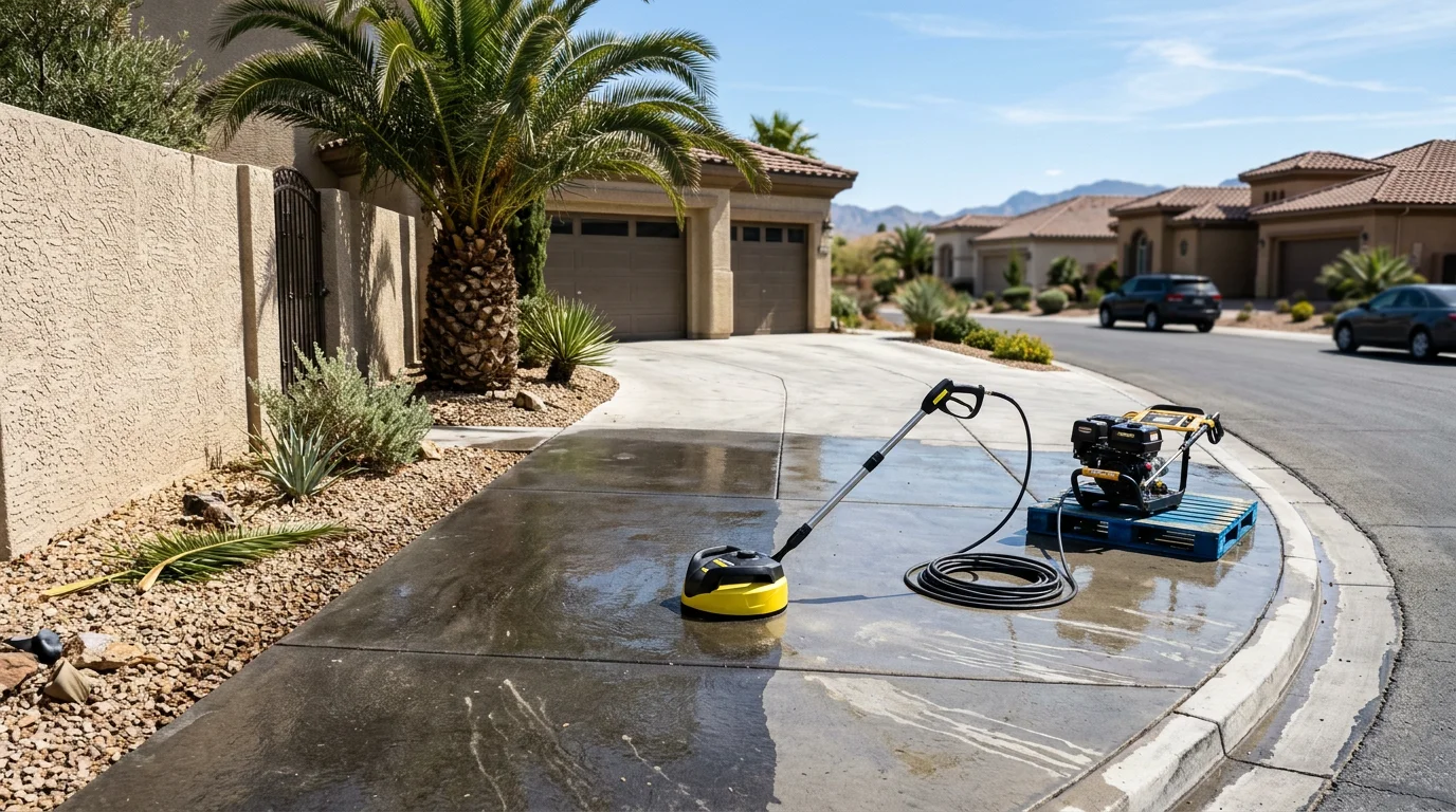 A concrete driveway at a stucco-exterior home in Las Vegas, Nevada shown after power washing, with oil stains and desert dust removed and the surface restored to a clean, even gray. A pressure washing wand and hose are visible at the edge of the frame.