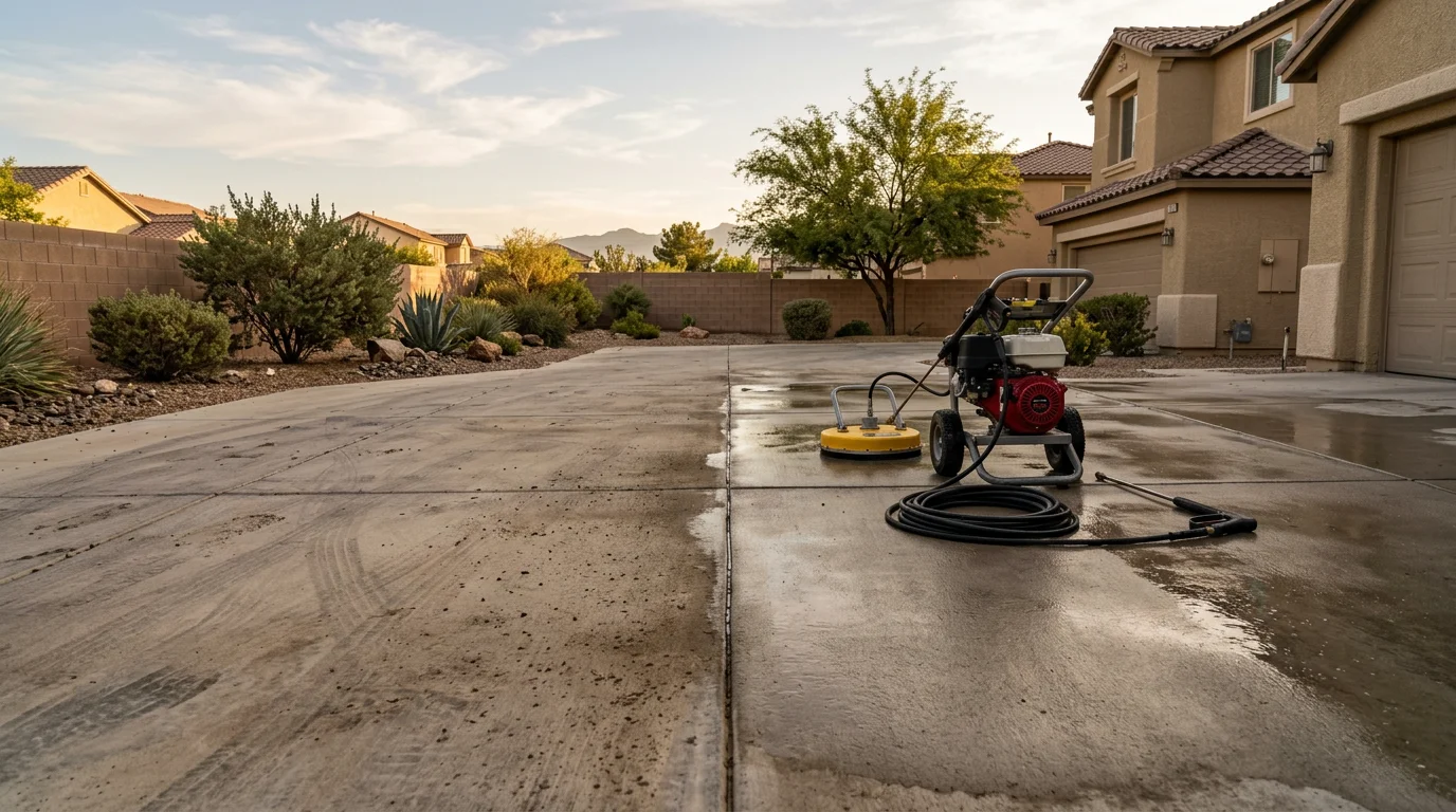 A concrete driveway in a Las Vegas residential neighborhood shown after professional pressure washing, with oil stains and hard-water mineral deposits removed and the surface restored to an even, clean finish. A block wall and desert landscaping border the cleaned surface in the background.