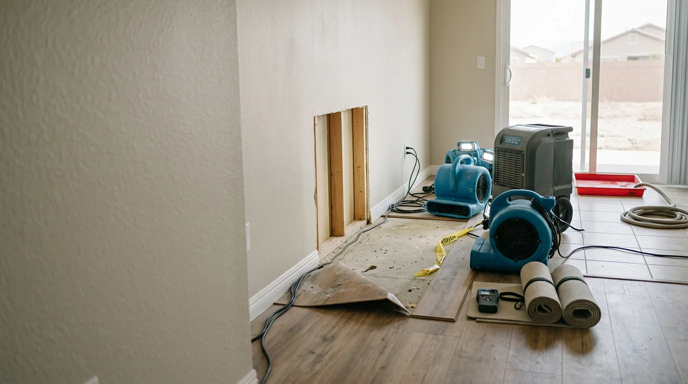Water damage cleanup in progress inside a Las Vegas home, showing dehumidification equipment running in a room with removed baseboards and exposed drywall after a supply line failure. A technician checks moisture readings along the wall framing.