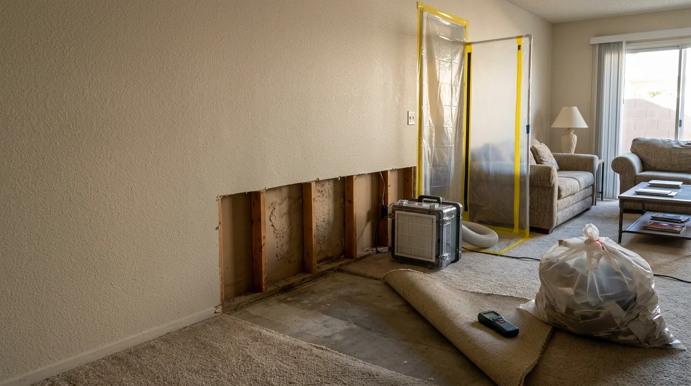 A mold remediation technician in protective gear removing water-damaged drywall with visible mold growth inside a Las Vegas residential home. Containment plastic sheeting is visible in the background, separating the affected room from the rest of the property.