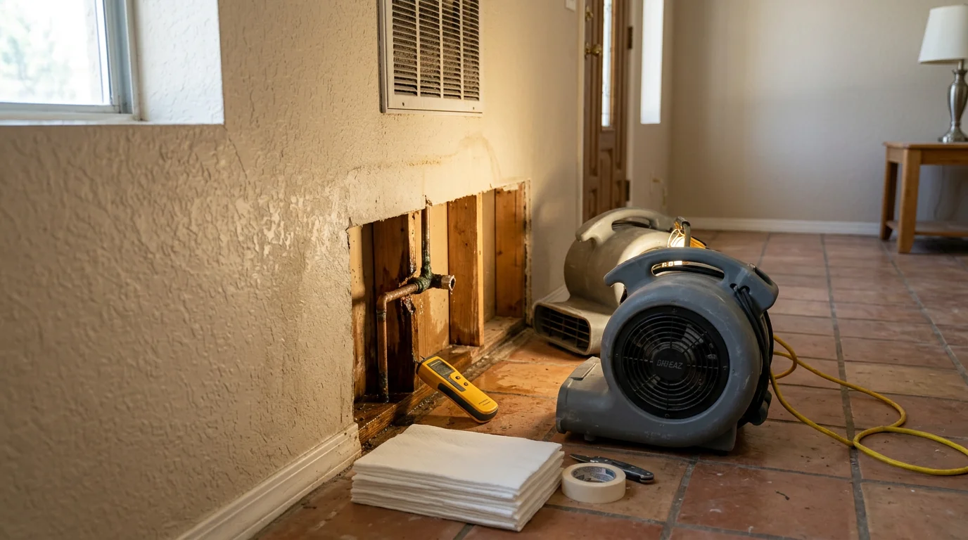 A water damage restoration technician assessing moisture levels in a Las Vegas home after a slab leak, with wet drywall and flooring visible along the base of an interior wall. Professional drying equipment is positioned in the room during the restoration process.