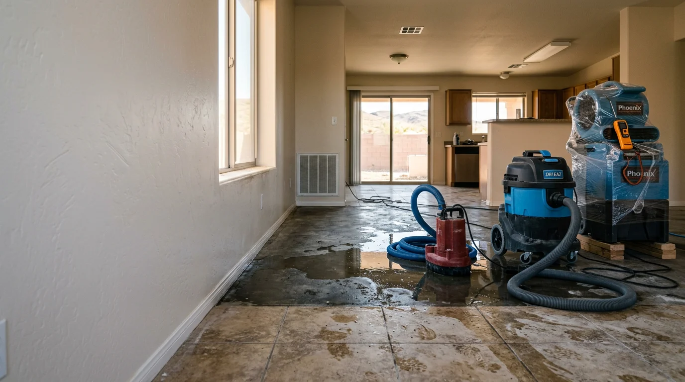 A water removal technician using an extraction unit to remove standing water from a flooded living room floor in a Las Vegas slab-foundation home. Moisture mapping equipment and air movers are staged nearby in preparation for structural drying.