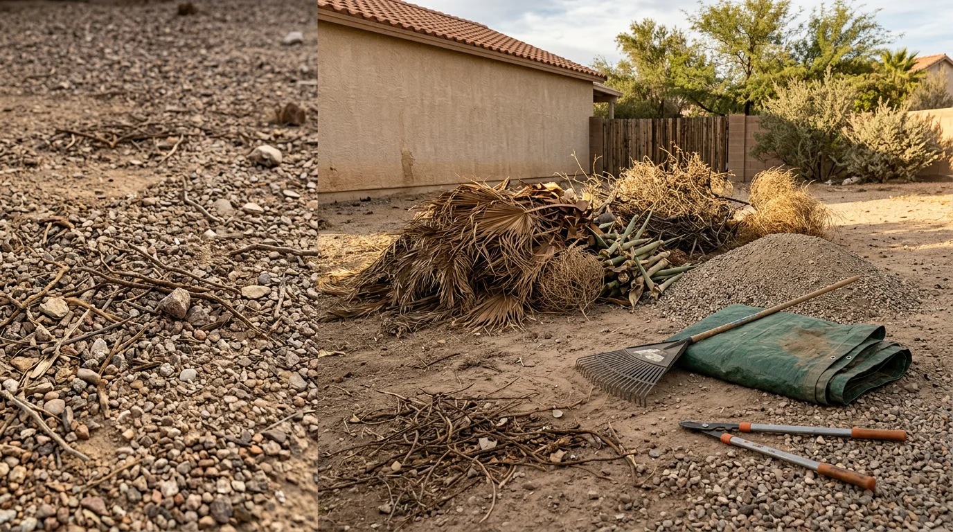 A cleared residential backyard in Las Vegas, Nevada with palm fronds, dry brush, and desert plant debris loaded into a hauling truck. The yard surface is clean and accessible after a full yard debris removal service.